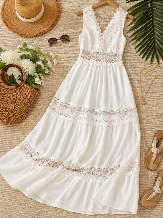 Dresses & Skirts - Boho White Lace Maxi Dress Medium Beach Wedding Vacation Cottagecore